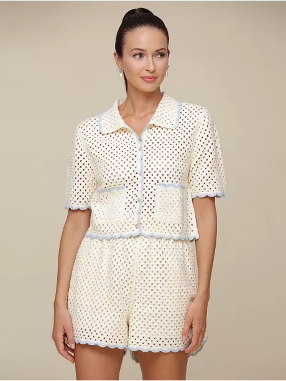 Avec Les Filles Crochet Matching Set Cream Blue Trim Top Shorts Small